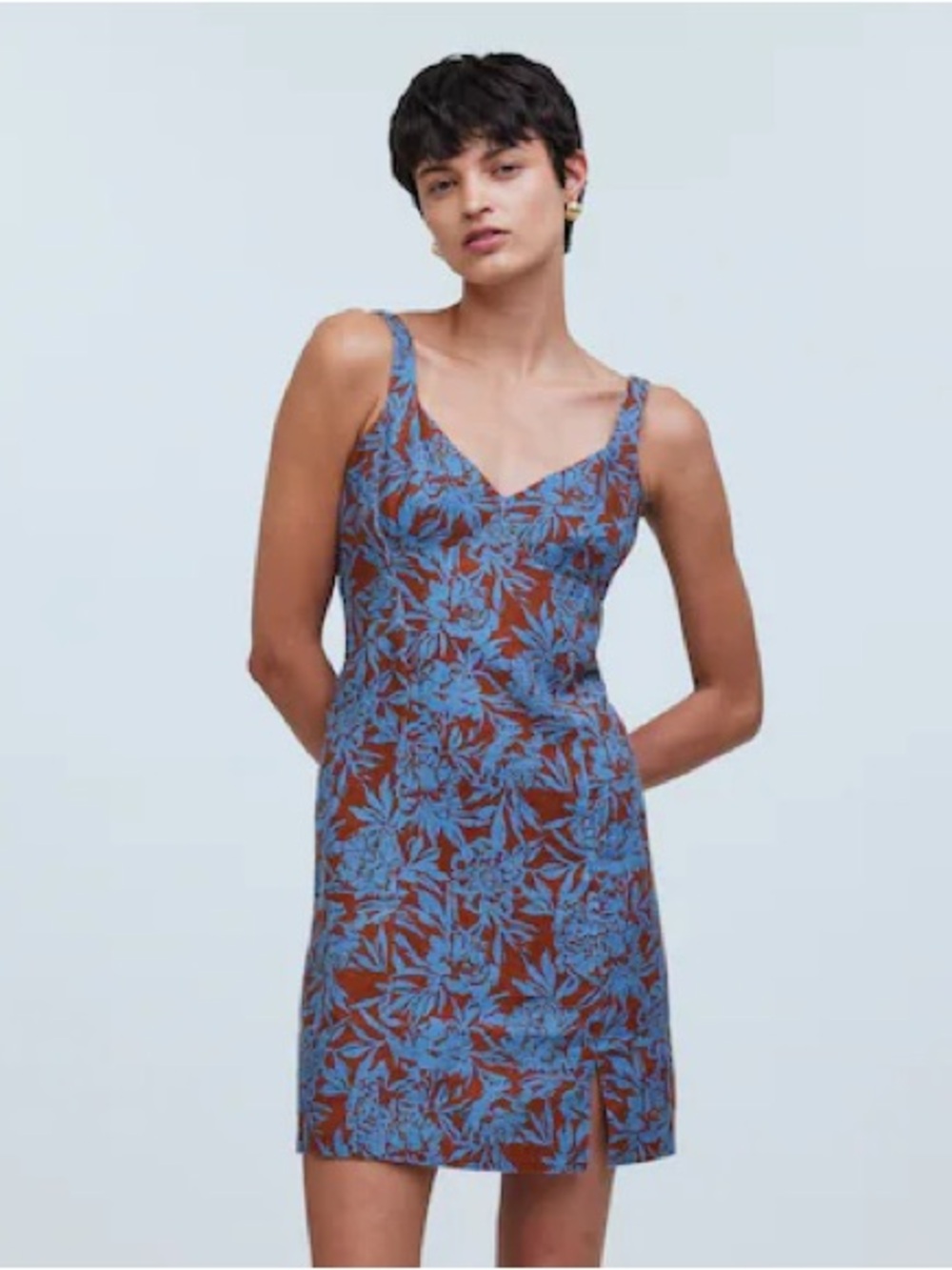 NWT Madewell Sweetheart Mini Dress in Floral 100% Linen Blue Isle Size 6